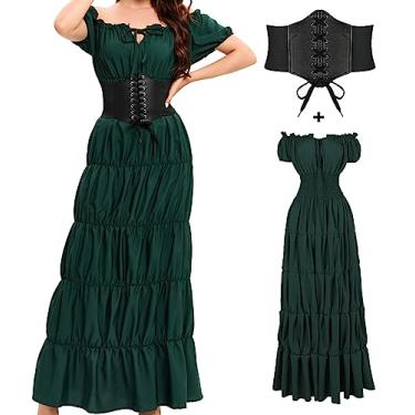 Imagem de BITSEACOCO Vestido feminino medieval renascentista, fantasia de bruxa camponesa de pirata de Halloween, vestidos longos de chemise de fada irlandesa, Verde, Large