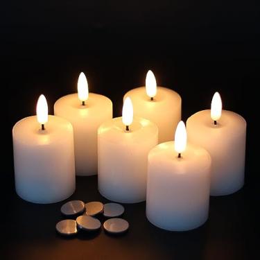 Imagem de Velas cilíndricas sem chama GenSwin oscilando com temporizador, operadas por bateria, velas de pavio 3D votivas com LED, pacote com 6 unidades brancas (bateria incluída, 5 x 8 cm)