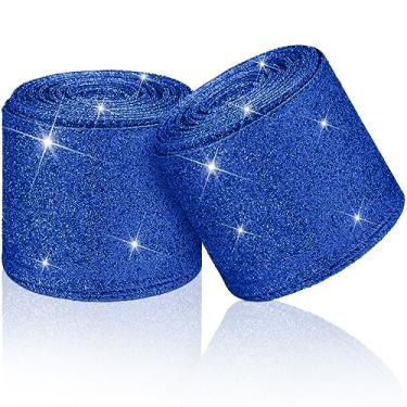 Imagem de Cindeer 2 rolos de fita de glitter de Natal com borda com fio fita de glitter fitas de tecido com fio de 6,3 cm para embrulhar presentes, guirlanda de artesanato, guirlanda, festa de férias em casa (azul royal, 20 jardas no total)