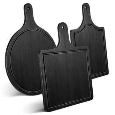 Imagem de Geetery Pacote com 3 tábuas de corte de madeira preta de 30,5 cm com alça e sulco profundo de suco pequeno de bambu para pizza, tábuas de servir, tábua de charcutaria, tábua de cortar para pão de bife