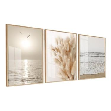 Imagem de Quadro Decorativo Folhagem Mar Praia paisagem bege boho moderno com Moldura vidro (Moldura Bege, 60x80, Sem Vidro)