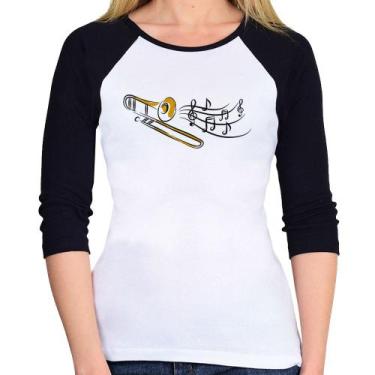 Imagem de Baby Look Raglan Trombone Notas Musicais Manga 3/4 - Foca na Moda, Bra