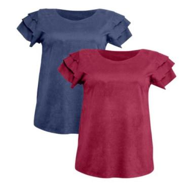 Imagem de Kit 2 Blusas Feminina Suede Manga Curta com Babados Plus Size - GIP, M