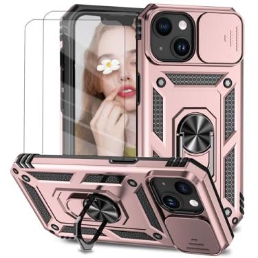 Imagem de Capa para iPhone 15 Plus Capinha | com 2 peças de protetor de tela temperado com janela deslizante da câmera e suporte para telefone incluídos - Rosa