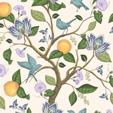 Imagem de Fvlow Papel de parede floral de pássaros descasque e cole vintage bege floral papel de parede folha de papel de parede impermeável autoadesivo para quarto, bancada, armários de mesa, decoração 44 x