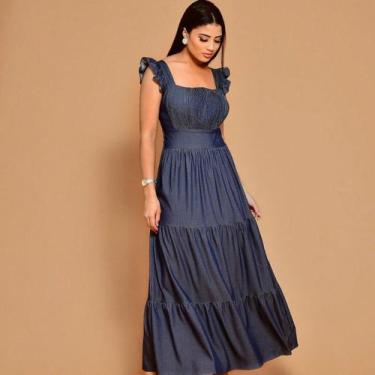 Imagem de Vestido longo chambray com babada na manga 1015 - NoBrand, Lavagem esc