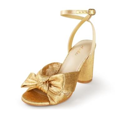 Imagem de Ankis Sapatos de casamento grossos de salto com laço de ouro branco para noivas 8,5 cm salto alto bico aberto fivela tira elegante plissado Kont sapato feminino festa formatura evento verão, Dourado,
