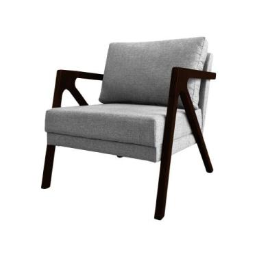 Imagem de Poltrona Mona Monique Luxo Base Madeira Maciça Castanho Linho Cinza - 