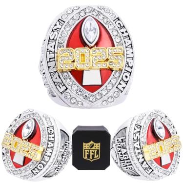 Imagem de noblehead Anel de campeonato de futebol de fantasia de 2025 com caixa | Anel troféu campeão FFL pesado | Troféu de prêmio banhado a ouro prateado para vencedor da liga de futebol de fantasia, size 14
