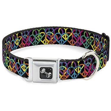 Imagem de Buckle-Down Coleira para cães com fivela de cinto de segurança - corações da paz empilhados preto/neon - 3,8 cm de largura - serve para pescoço de 40,6 a 58,4 cm - Médio