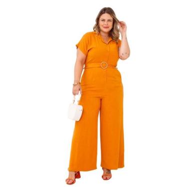 Imagem de Macacão Plus Size longo feminino com cinto pantalona elegante em linho