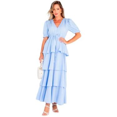 Imagem de Vestido feminino longo manga curta liso com babados na saia romantica 