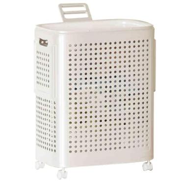 Imagem de WESAPPINC Cesto de roupa suja rolante com tampa, cesto de plástico perfurado 70L com rodas, caixa de armazenamento com alça, branco (médio 58L)