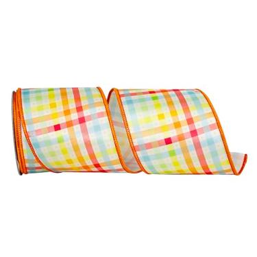 Imagem de Reliant Ribbon Fita xadrez pastel multicolorida de luxo com fio, tangerina
