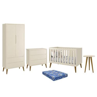 Imagem de Dormitório Infantil Theo Retrô 2 Portas, Cômoda, Berço, Mesa de Apoio com Pés Amadeirado e Colchão - Reller Móveis Areia Fosco
