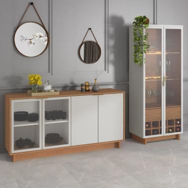 Imagem de Conjunto Decorativo Cristaleira com Led e Buffet Aparador 160cm Tenerife/Gunga Off White/Freijó G73 - Gran Belo
