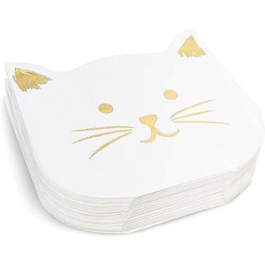 Imagem de BLUE PANDA Guardanapos de gato para festas e coquetéis pacote de 50-16,5 x 16,5 cm dobrados - folha branca e dourada absorvente de 3 camadas e resistente a rasgos - Para lembrancinhas de aniversário