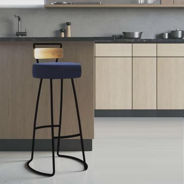 Imagem de Banqueta Alta Alice Bar Balcão Cozinha Com Encosto Madeira Ferro Preto Sintético Azul Marinho - Ahazzo Móveis