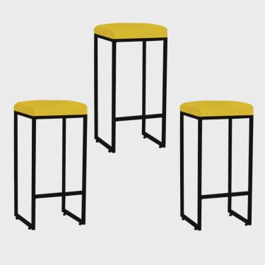 Imagem de Kit 03 Banqueta Alta Lara Para Cozinha Bar Balcão Bistrô Churrasqueira Ferro Bronze Suede Amarelo - Ahz Móveis