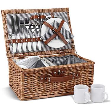 Imagem de Cesta de piquenique para 2, conjunto de cesto de salgueiro com compartimento isolado, conjunto de cesto de piquenique grande feito à mão com utensílios de talheres – perfeito para piquenique, acampamento ou qualquer outro ambiente externo