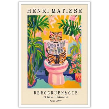 Imagem de KOEUIRW Arte de parede em tela vintage Henri Matisse pôster de banheiro animal fofo gato malhado em um vaso sanitário rosa dopamina decoração de parede de banheiro impressão Matisse para banheiro 30 x