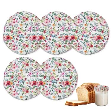 Imagem de Capas de pote para iniciantes Sourdough, pacote com 5 tampas de pano de flores florais reutilizáveis para potes de 7 a 10 cm, ideal para kefir de kombucha ou fermentação de queijo
