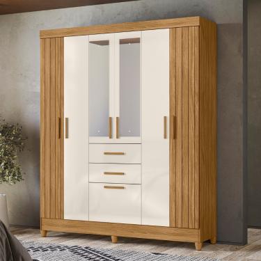 Imagem de Guarda Roupa Solteiro Frisado com Espelho 7 Portas 2 Gavetas e Pés Malta Moval - Freijo/Off White