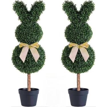 Imagem de Ahxuvan 2 peças de topiaria de coelho artificial, topiária em forma de coelho, topiária de buxo falso com vasos de plantação para decoração de varanda de casa e ambientes internos e externos
