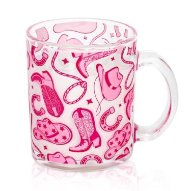 Imagem de FYSUIMU Canecas de café de vidro Western Cowgirl com alça 340 g rosa preppy cowboy bota discoteca copo de café bebida copo para bebidas quentes e frias, brindes de festa de rodeio