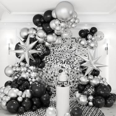 Imagem de Black and Silver Balloons Garland Arch Kit, 146pcs Metallic Silver and Black Balloons with Silver Exploding Star Foil Balloons for Graduation Birthday New Years Party Decorations
