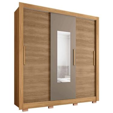 Imagem de Guarda Roupas Casal Com Espelho Ripado Impressão 3d 3 Portas De Correr 2 Gavetas Paris Caemmun Madeirado Cacau