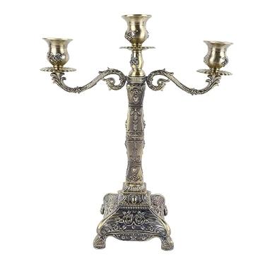 Imagem de QANYEGN Candelabro De Metal, Castiçal Elegante Europeu, Castiçais De Ouro Para Mesa De Jantar De Casamento Festa De Natal Em Casa Decorativa (Bronze três cabeças)