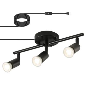 Imagem de vivihobb Luminária De Teto Com Trilho Plug-In Preta, 3 Luminárias, Cabo 16,4 Pés Comprimento, Holofote 4 Vias, Cabeça Giratória Para Montagem Em Parede, Lâmpadas Não Incluídas
