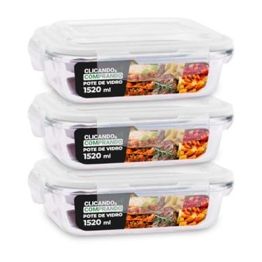Imagem de Kit 3 Potes de Vidro Retangular com Tampa Hermética 1520ml Cor: Transparente