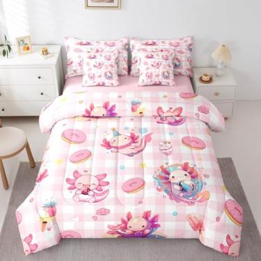 Imagem de Feelyou Conjunto de cama casal de 7 peças de Axolote fofo, desenho animado de donuts com estampa kawaii, oceano, vida marinha e sobremesa, salamandra, adolescentes, 7 peças