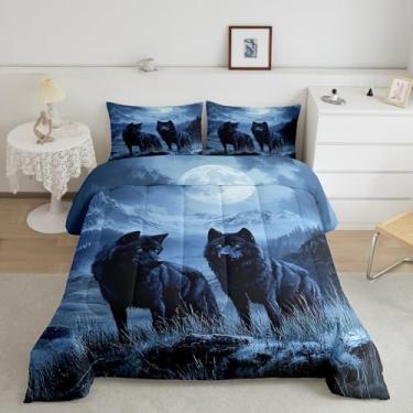 Imagem de jejeloiu Conjunto de cama Queen com estampa 3D de lobo e lua da montanha, conjunto de edredom para crianças, meninos, meninas, animais selvagens, lobos, conjunto de colcha, 3 peças