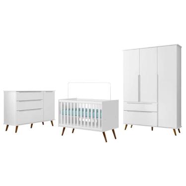 Imagem de Dormitório Melinda Guarda Roupa, Cômoda Com Porta E Berço Retrô Branco Acetinado - Phoenix Baby Branco Acetinado
