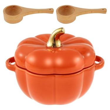 Imagem de Conjunto de tigela de abóbora, tigela de abóbora de cerâmica com tampa e alças tigelas de sopa de abóbora de 420 ml, seguro para micro-ondas, prato de abóbora antiaderente, tigela de servir de abóbora