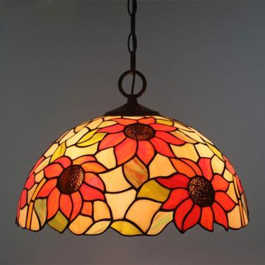 Imagem de Tiffany Pingente De Luz Idílica Girassol Vitral Vintage Lâmpada Pendurada Lustre Para Sala De Jantar Quarto Corredor Corredor Luminária De Teto, 40cm Confortável Aniversário, 20cm, A