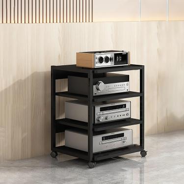 Imagem de Rack De áudio Prateleira De Jogos Rack De áudio De Chão Suporte De Mídia De áudio E Vídeo Moderno Com Roda Universal Suportes De Armazenamento De Míd, Black, 50x40x69.6cm