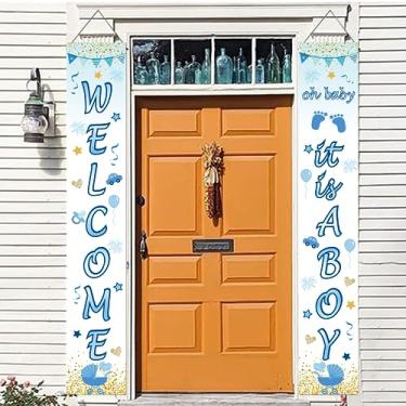 Imagem de LOONELO Faixa de chá de bebê Welcome com 70,8 x 11,8 cm, Welcome Oh Baby It's a Boy Placa de banner para varanda, faixa de boas-vindas para pendurar na porta do bebê para decorações de festa de chá de bebê, ambientes internos e externos