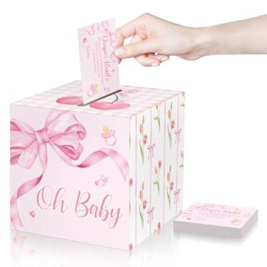 Imagem de Funrous 50 bilhetes de sorteio de fraldas com caixa para chá de bebê, convites para jogos de chá de bebê, cartão sorteio de fraldas para revelação de gênero, decoração de festa de chá de bebê, mesa de