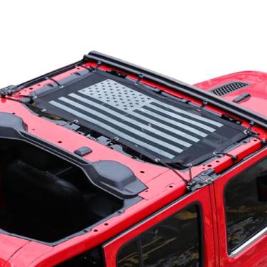 Imagem de Para-sol para Jeep Wrangler JL JLU 2018-2023 2 portas 4 portas proteção solar de malha frontal, JL Sunshade Bikini Soft Top Cobertura de telhado, bloqueia UV, vento, ruído, bandeira dos EUA