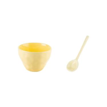 Imagem de Chapéu doméstico chinês simples, fresco, adorável e requintado resistente a altas temperaturas tigela de cerâmica amarelo creme - tigela de macarrão de 12,7 cm + colher