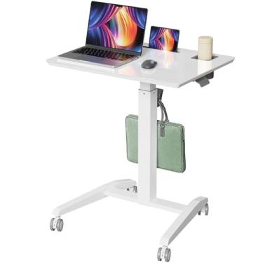Imagem de Gibbon Mounts Mesa móvel de vidro, mesa de laptop com rodinhas ajustáveis em altura, mesa portátil de 68 cm com rodas e gancho, estação de trabalho pneumática para computador, branca
