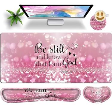 Imagem de JYCUHTCL Conjunto grande de mouse pad para jogos de 90 x 40 cm com apoio de pulso para teclado, suporte de pulso e porta-copos de espuma viscoelástica suave para mesa de escritório em casa - Bíblia