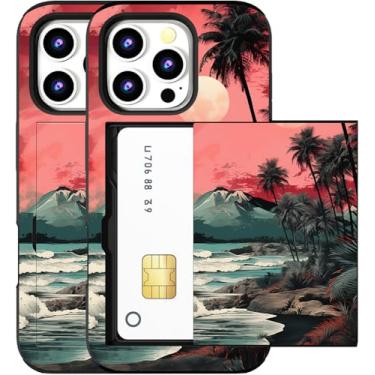 Imagem de MUQR Capa compatível com iPhone 16 Pro com suporte de cartão fofo - Design Kawaii, proteção contra quedas de nível militar, capa carteira robusta para mulheres (pôr do sol do mar preto)