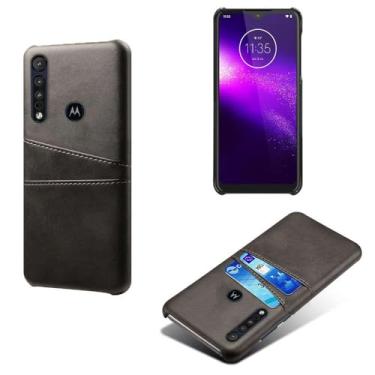 Imagem de Capas Compatível com MOTO One macro,tampa protetora de couro falso,design de saco de cartão com 2 fendas de cartão atrás,proteção anti-impressão digital e anti-gota-Black