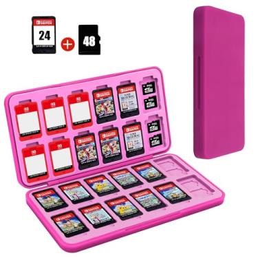 Imagem de FYY Suporte Para Estojo De Jogo Nintendo Switch - Cartucho Rosa Magenta Com 24 Compartimentos Cartão E 48 Micro Sd, Capa Rígida, Revestimento Silicone
