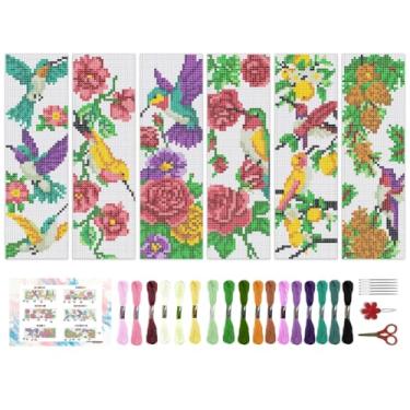 Imagem de BEUNITONE Kit de 6 marcadores de página de ponto cruz para iniciantes, kit de bordado à mão de flores vintage com instruções beija-flor carimbado, marcadores de página feitos à mão para amantes de